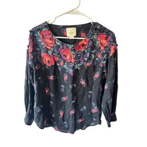 Anthropologie Maeve Black Floral GardeniaButton‎ Shoulder Blouse Size XS
